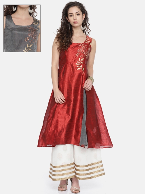 

Ira Soleil Women Maroon & Grey Printed Reversible Layered A-Line Kurta