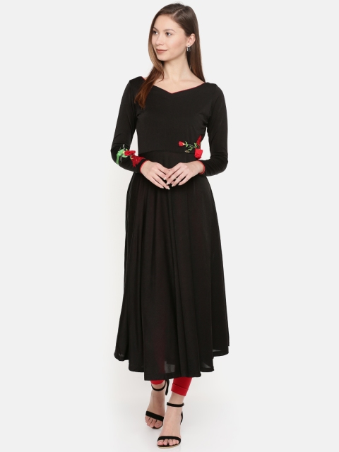 

Ira Soleil Women Black Embroidered Knitted A-Line Kurta