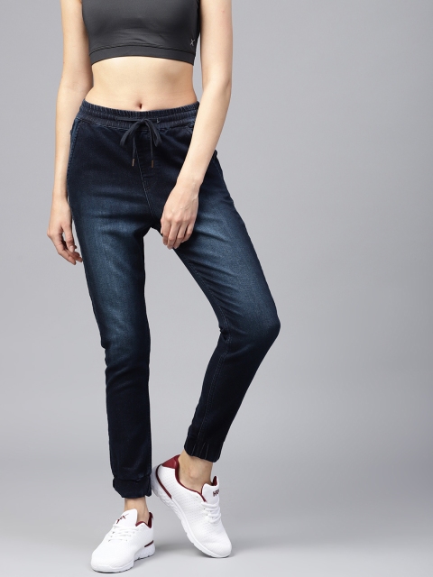 

HRX by Hrithik Roshan Women Navy Blue Regular Fit Faded Denim Joggers
