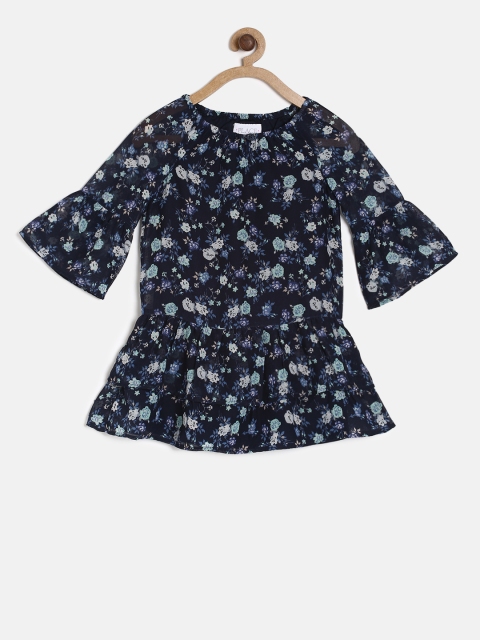 

The Childrens Place Girls Navy Floral Printed Drop-Waist Dress, Navy blue