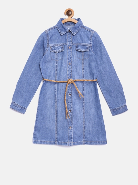 

The Childrens Place Girls Blue Solid Denim Shirt Dress with Belt