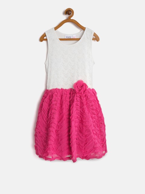 

The Childrens Place Girls White & Pink Self Design Fit & Flare Dress
