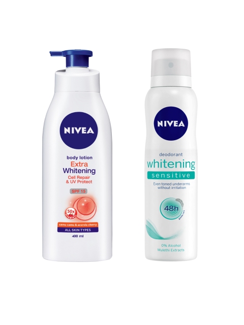 

Nivea Set of Whitening Cell Repair Body Lotion & Sensitive Whitening 48h Deodorant, White