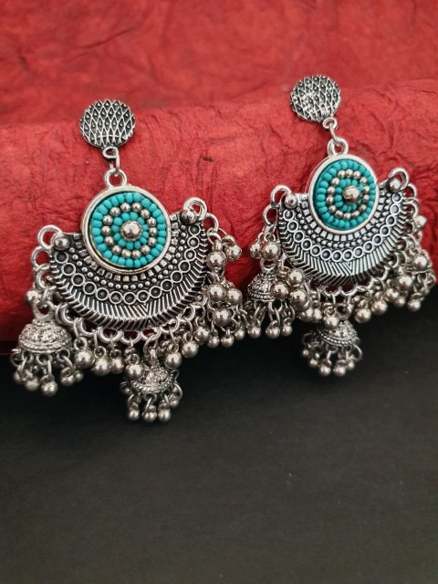 

Infuzze Oxidised Silver-Toned & Sea Green Beaded Crescent Shaped Chandbalis