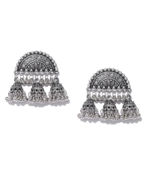 

Infuzze Oxidised Silver-Toned Dome Shaped Textured Jhumkas