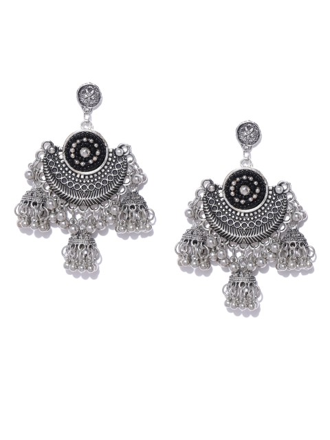 

Infuzze Oxidised Silver-Toned & Black Beaded Crescent Shaped Chandbalis