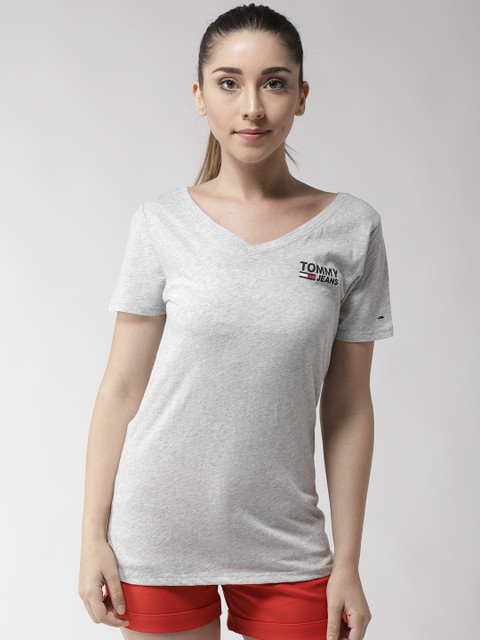 

Tommy Hilfiger Women Grey Melange Solid V-Neck T-shirt