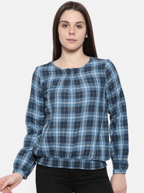 

Lee Cooper Blue & Black Checked Blouson Pure Cotton Top