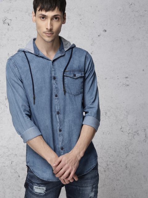 

Ecko Unltd Men Blue Slim Fit Solid Denim Hooded Casual Shirt