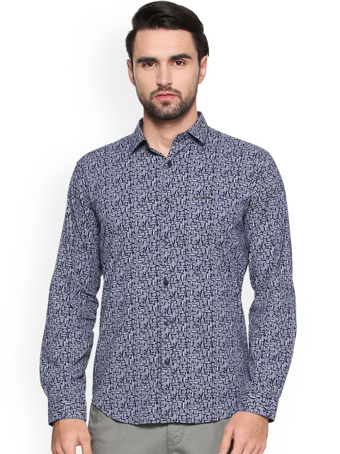 

V Dot Men Navy Blue & White Slim Fit Printed Casual Shirt
