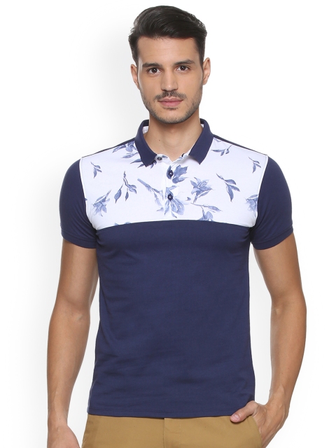 

V Dot Men Navy Blue Self Design Polo Collar T-shirt
