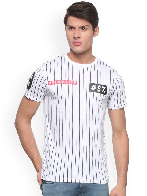 

People Men White Striped Round Neck T-shirt