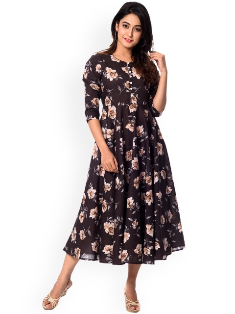 

anayna Women Coffee Brown Printed Fit and Flare Dress
