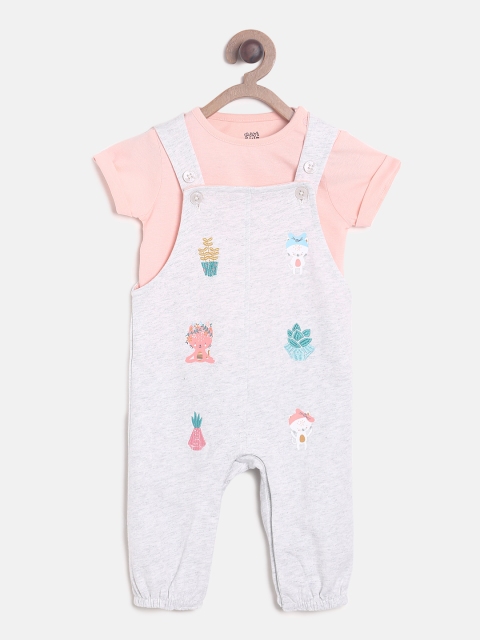 

MINI KLUB Girls White Printed Dungaree With Pink Solid T-Shirt