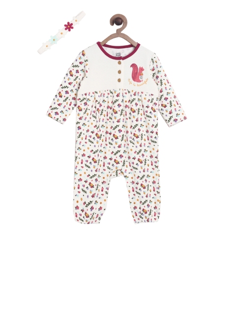 

MINI KLUB Girl's Off White & Multicoloured Printed Romper with Headband