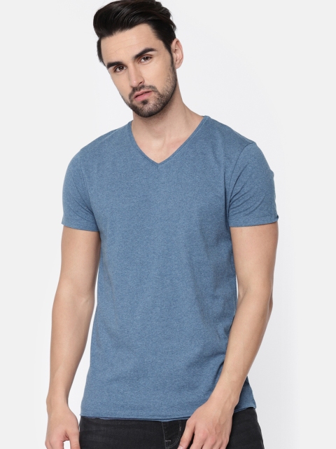 

Jack Jones Men Blue Solid V-Neck Pure Cotton T-shirt