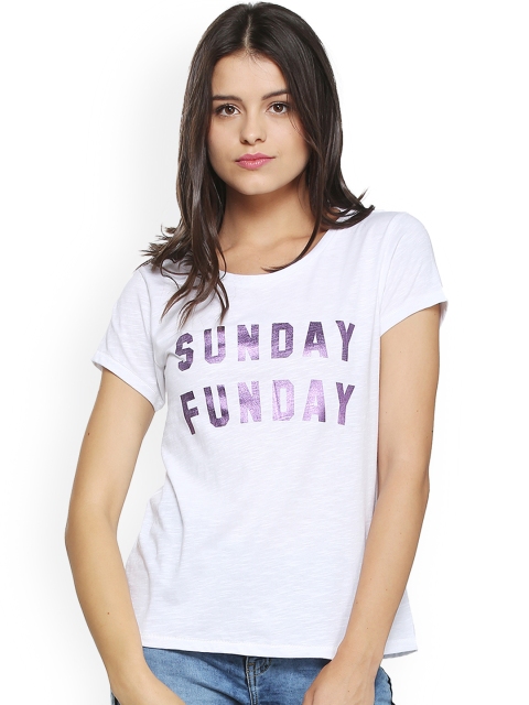 

People Women White Printed Round Neck T-shirt