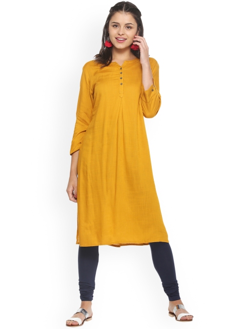 

People Women Mustard Solid Straight Kurta