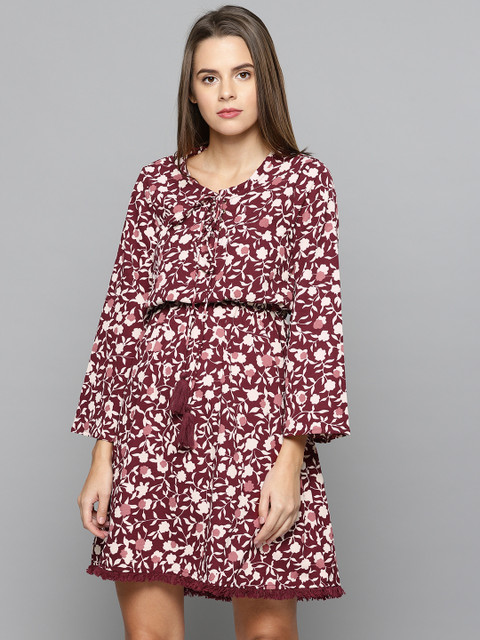 

Chemistry Women Burgundy & Cream-Coloured Printed Fit and Flare Dress