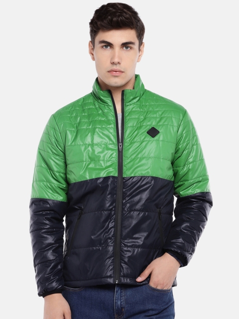 

People Men Green & Navy Colourblocked Puffer Jacket
