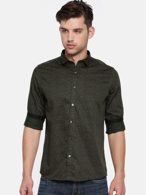 

People Men Olive Green Slim Fit Printed Casual Shirt