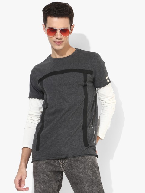 

People Men Grey Printed Round Neck T-shirt