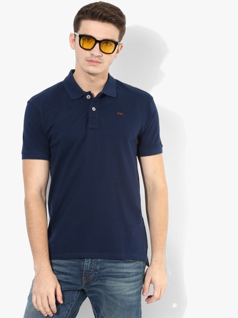 

People Men Navy Blue Solid Polo Collar T-shirt