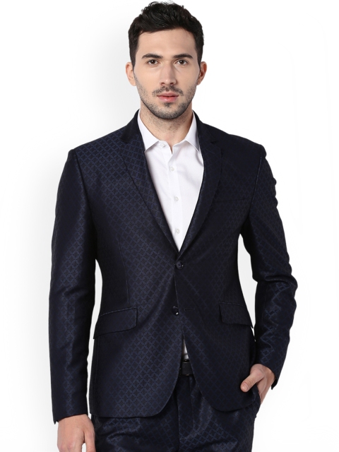 

V Dot Men Navy Blue Self Design Single Breasted Blazer