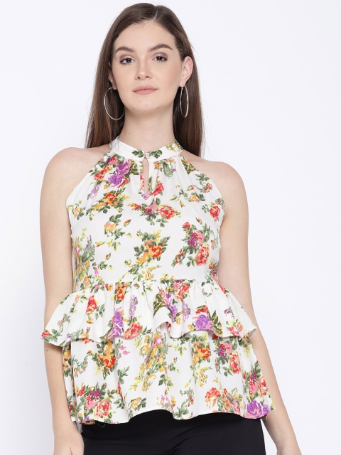 

MsFQ Women Off-White & Green Printed Peplum Top