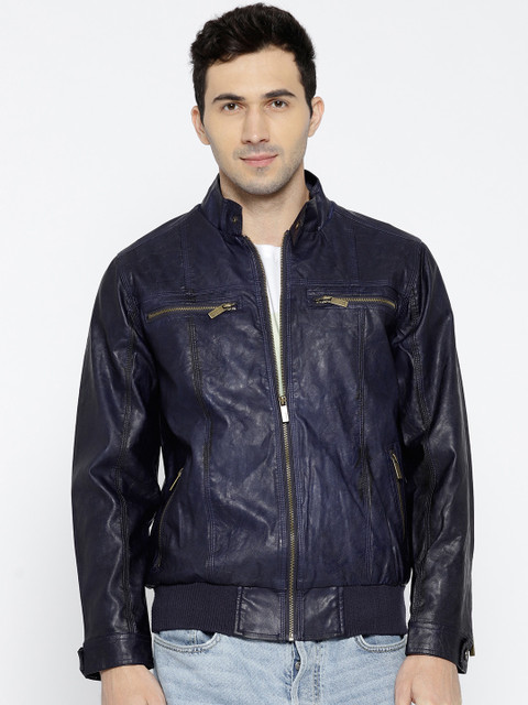 

V Dot Men Navy Solid Faux Leather Biker Jacket, Navy blue