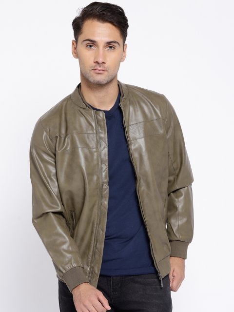 

Van Heusen Men Olive Green Solid Biker Jacket