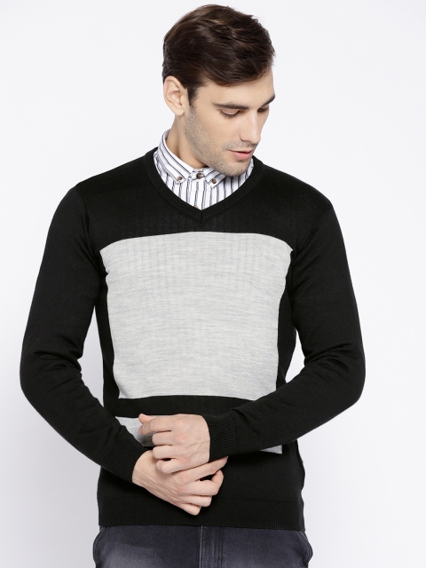 

Van Heusen Men Black & Grey Melange Colourblocked Pullover