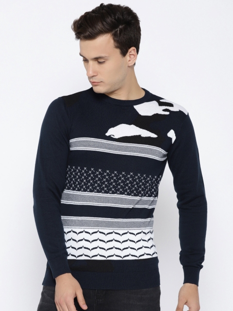 

V Dot Men Navy & White Self-Design Sweater, Navy blue