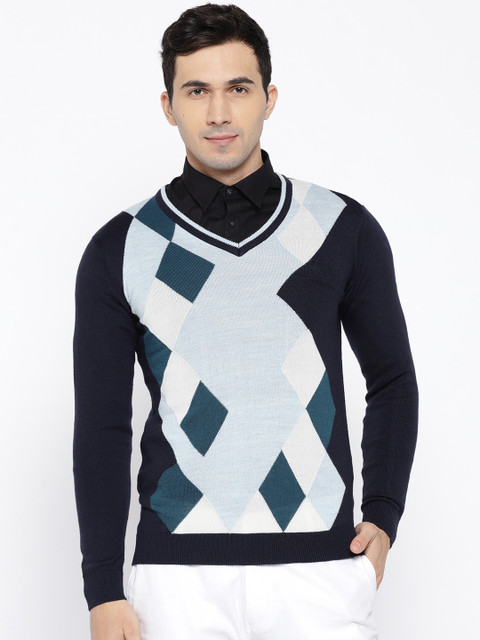 

Van Heusen Men Navy Blue & Green Self Design Pullover