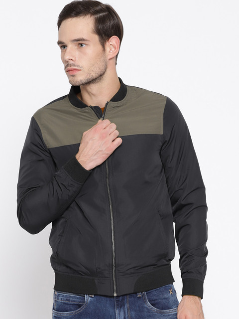 

V Dot Men Navy Blue & Olive Green Colourblocked Bomber Jacket