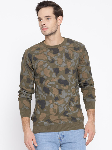 

V Dot Men Olive Green & Beige Printed Pullover