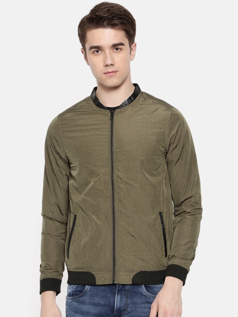 

V Dot Men Olive Green Solid Bomber Jacket