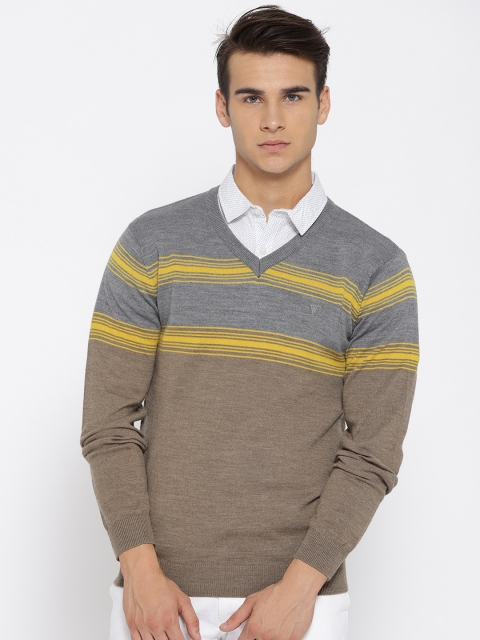 

Van Heusen Men Grey & Brown Striped Pullover