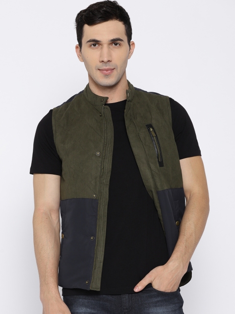 

V Dot Men Olive Green Colourblocked Quilted Jacket