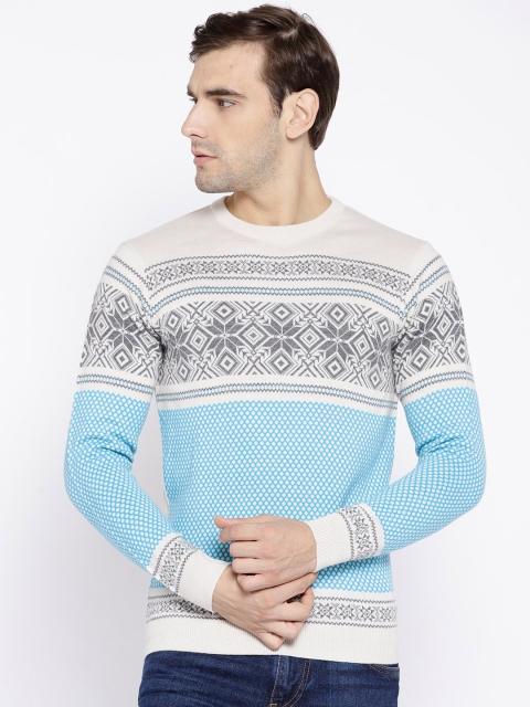 

Van Heusen Men Cream-Coloured & Blue Self Design Pullover