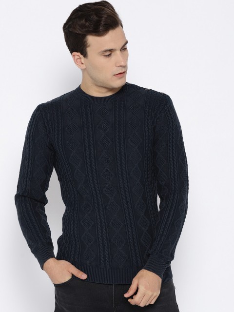 

V Dot Men Teal Blue Cable Knit Pattern Pullover