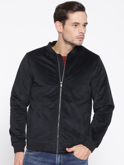 

V Dot Men Navy Blue Solid Velvet Finish Bomber Jacket