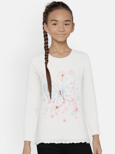 

United Colors of Benetton Girls Off-White Butterfly Print Top with Sequinned Detail