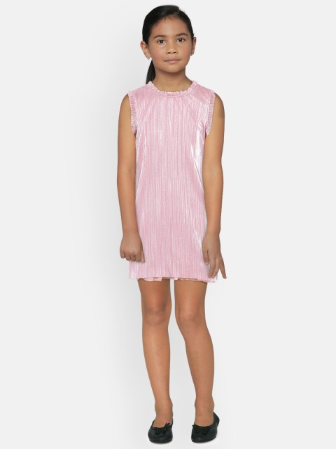 

United Colors of Benetton Girls Pink & Silver-Coloured Striped Shift Dress