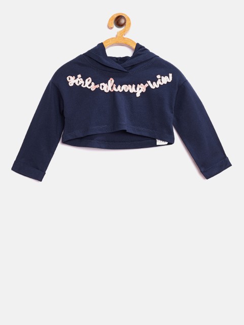 

United Colors of Benetton Girls Navy Solid Hooded Crop T-shirt, Navy blue