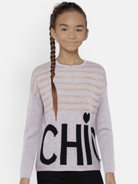 

United Colors of Benetton Girls Grey Melange & Golden Striped Pullover