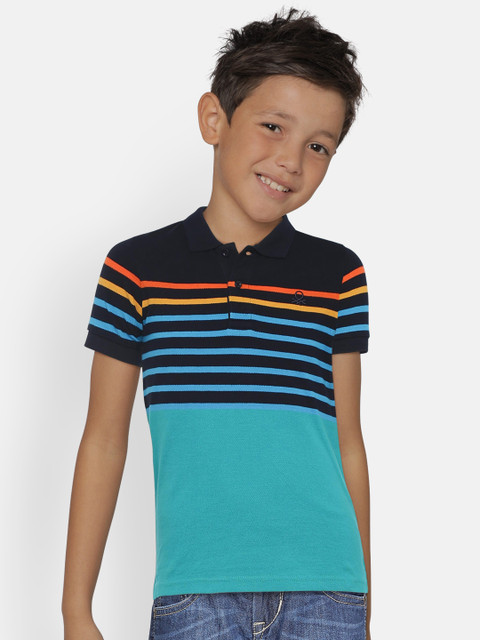 

United Colors of Benetton Boys Black & Sea Green Striped Polo Collar T-shirt