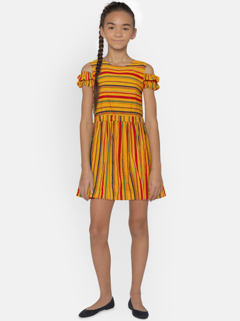 

United Colors of Benetton Girls Mustard Yellow & Red Striped Fit and Flare Dress