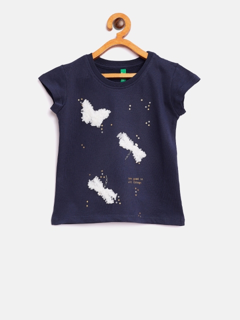 

United Colors of Benetton Girls Navy Printed Round Neck T-shirt, Navy blue