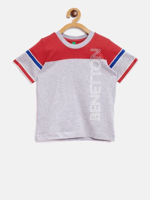 

United Colors of Benetton Boys Grey Melange & Red Colourblocked Round Neck T-shirt